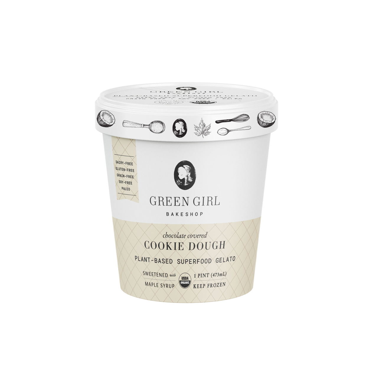 Green Girl Bakeshop Gelato, Plant-Based, Cookie Dough, Frozen, Organic